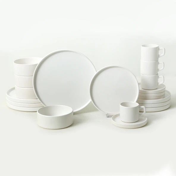Keramika Mat Beyaz Stackable Yemek/Kahvaltı Takımı 20 Parça 4 Kişilik