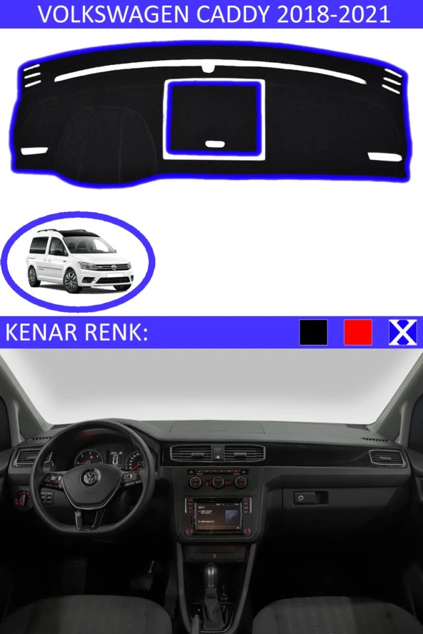 Volkswagen Caddy 2018-2021 Için Uygun Torpido Koruma Halısı Siyah Kenar Renk Mavi ürün görseli
