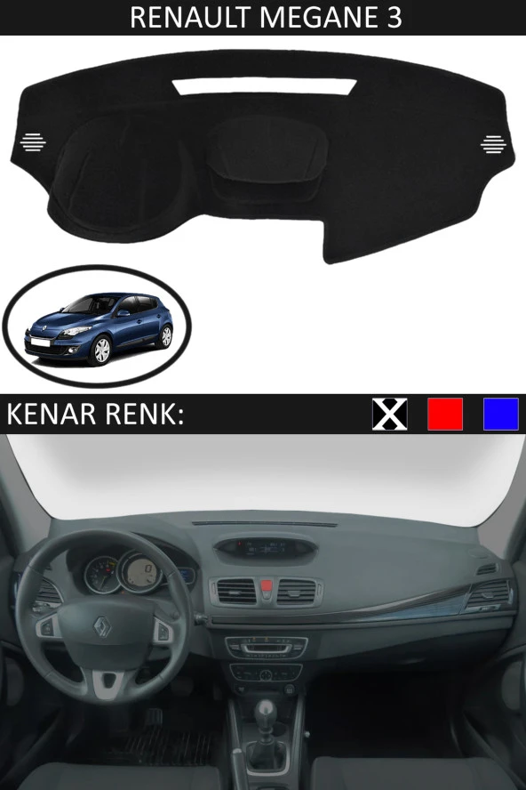 Renault Megane 3 İçin Uygun Torpido Koruma Halısı Siyah Kenar Renk Siyah