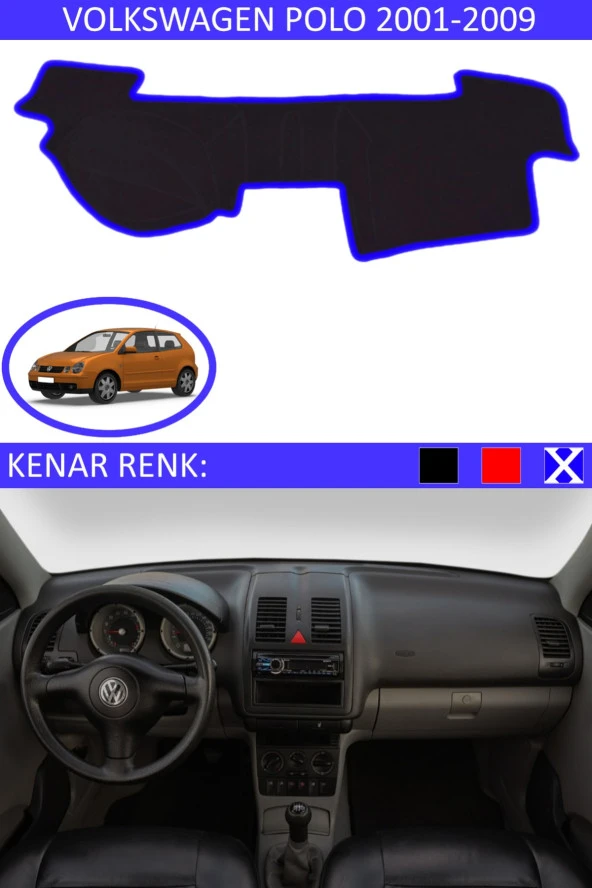 Volkswagen Polo 2001-2009 Için Uygun Torpido Koruma Halısı Siyah Kenar Renk Mavi ürün görseli