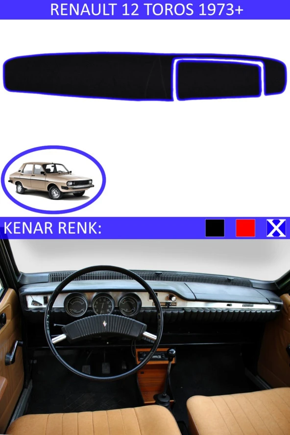 Renault 12 Toros 1973+ Için Uygun Torpido Koruma Halısı Siyah Kenar Renk Mavi ürün görseli
