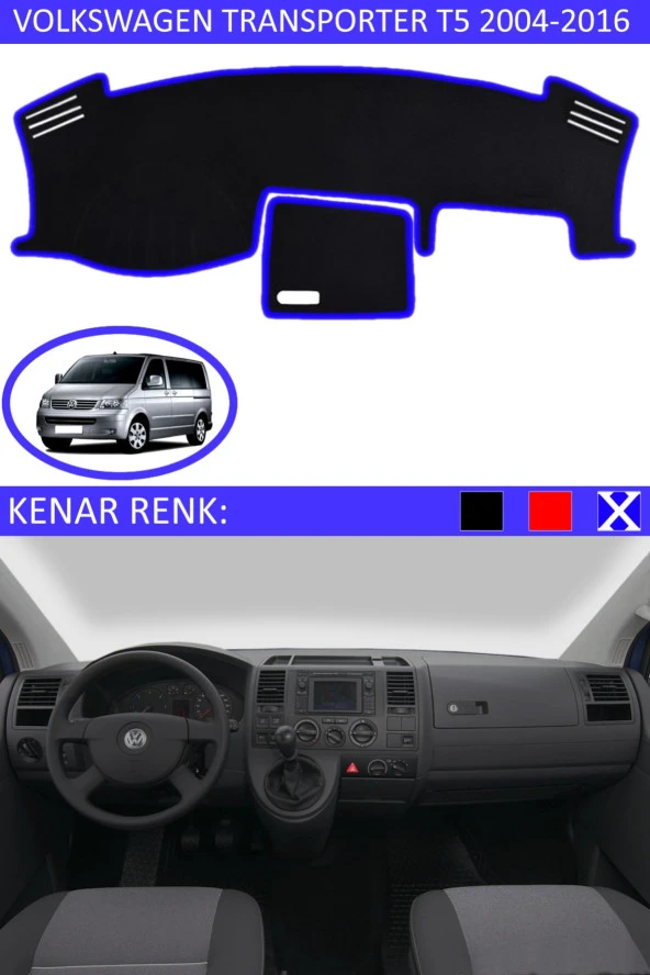 Volkswagen Transporter T5 2004-2016 Için Uygun Torpido Koruma Halısı Siyah Kenar Renk Mavi