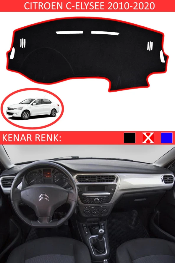 Citroen C-elysee 2010-2020 Için Uygun Torpido Koruma Halısı Siyah Kenar Renk Kırmızı