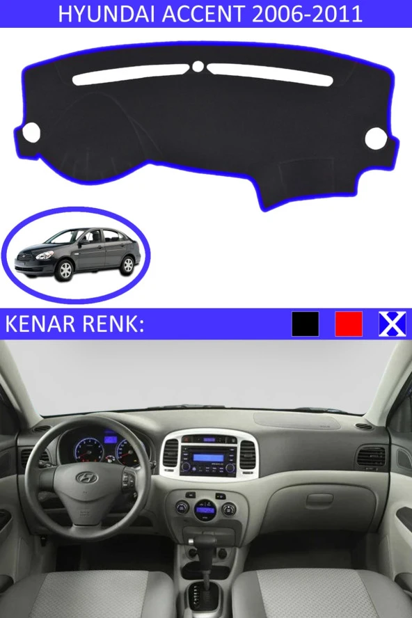 Hyundai Accent Era 2006-2011 Için Uygun Torpido Koruma Halısı Siyah Kenar Renk Mavi