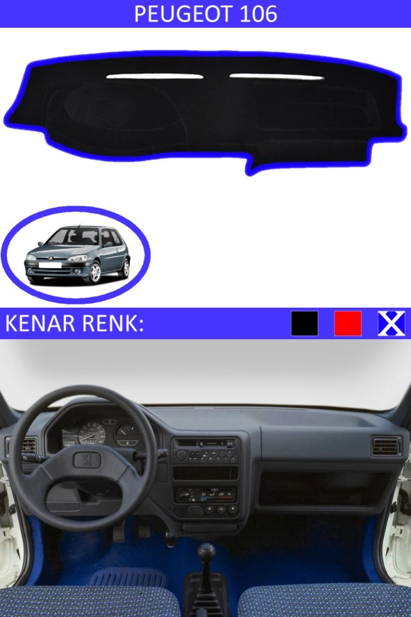 Peugeot 106 Için Uygun Torpido Koruma Halısı Siyah Kenar Renk Mavi ürün görseli