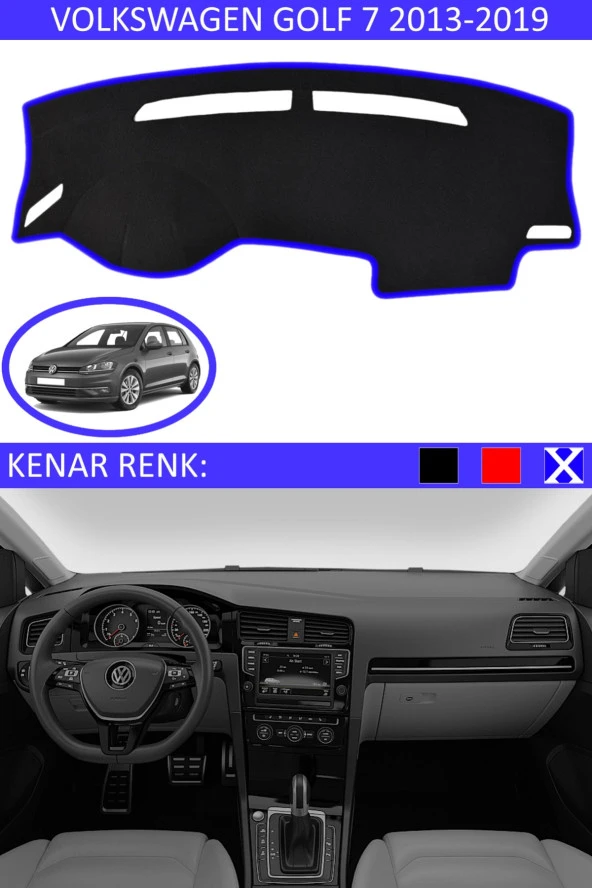 Volkswagen Golf 7 2013-2019 Için Uygun Torpido Koruma Halısı Siyah Kenar Renk Mavi