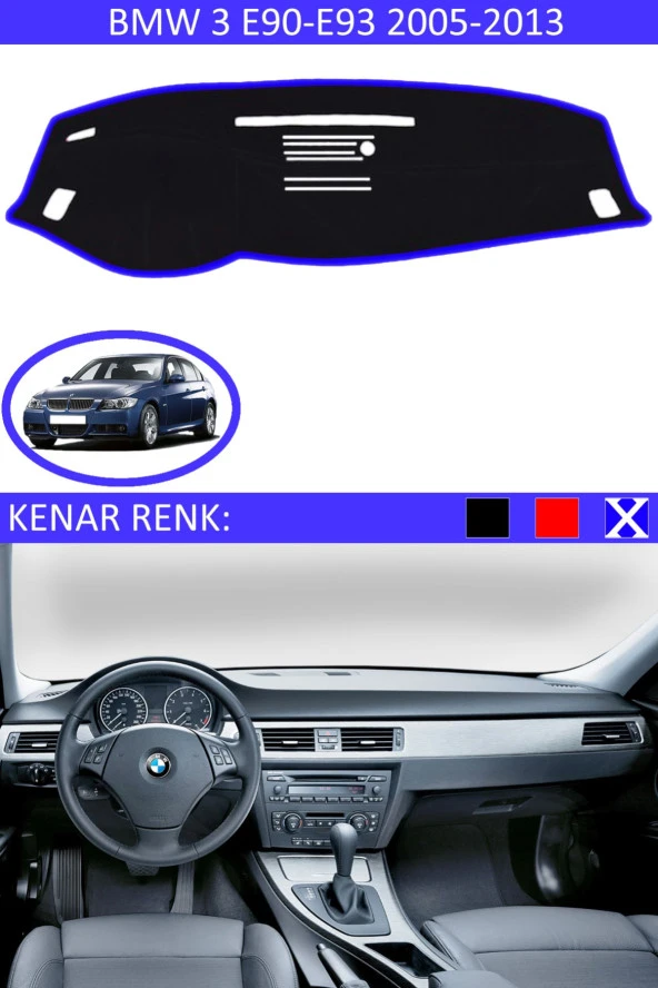 Bmw 3 E90-e93 2005-2013 Için Uygun Torpido Koruma Halısı Siyah Kenar Renk Mavi ürün görseli