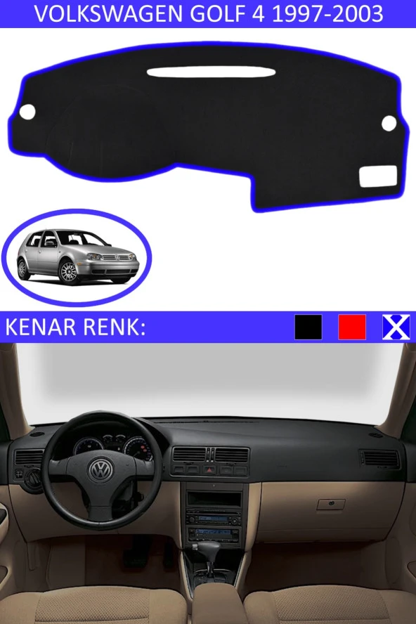 Volkswagen Golf 4 1997-2003 Için Uygun Torpido Koruma Halısı Siyah Kenar Renk Mavi