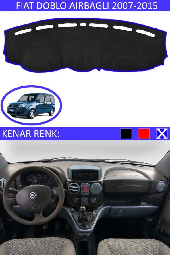 Fiat Doblo Airbagli 2007-2015 Için Uygun Torpido Koruma Halısı Siyah Kenar Renk Mavi ürün görseli