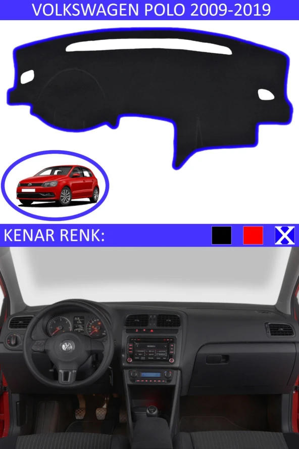 Volkswagen Polo 2009-2019 Için Uygun Torpido Koruma Halısı Siyah Kenar Renk Mavi ürün görseli
