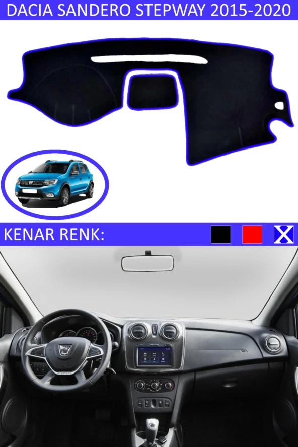 Dacia Sandero Stepway 2015-2020 Için Uygun Torpido Koruma Halısı Siyah Kenar Renk Mavi ürün görseli