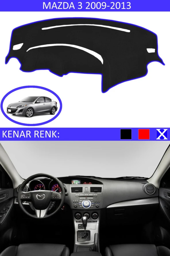 Mazda 3 2009-2013 Için Uygun Torpido Koruma Halısı Siyah Kenar Renk Mavi ürün görseli