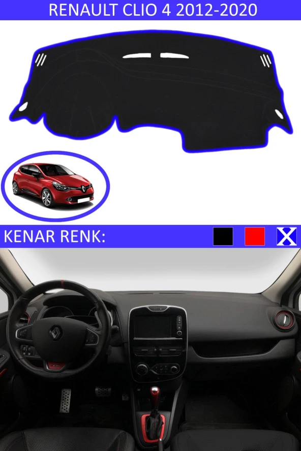 Renault Clio 4 2012-2020 Için Uygun Torpido Koruma Halısı Siyah Kenar Renk Mavi ürün görseli