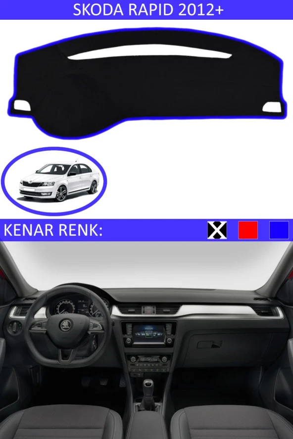 Skoda Rapid 2012+ Için Uygun Torpido Koruma Halısı Siyah Kenar Renk Mavi