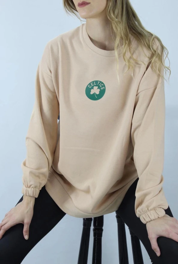 Baskılı Üç İplik Sweatshirt Vizon