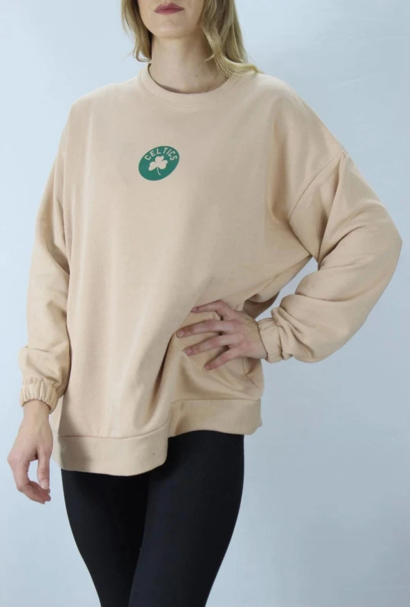 Baskılı Üç İplik Sweatshirt Vizon - 2