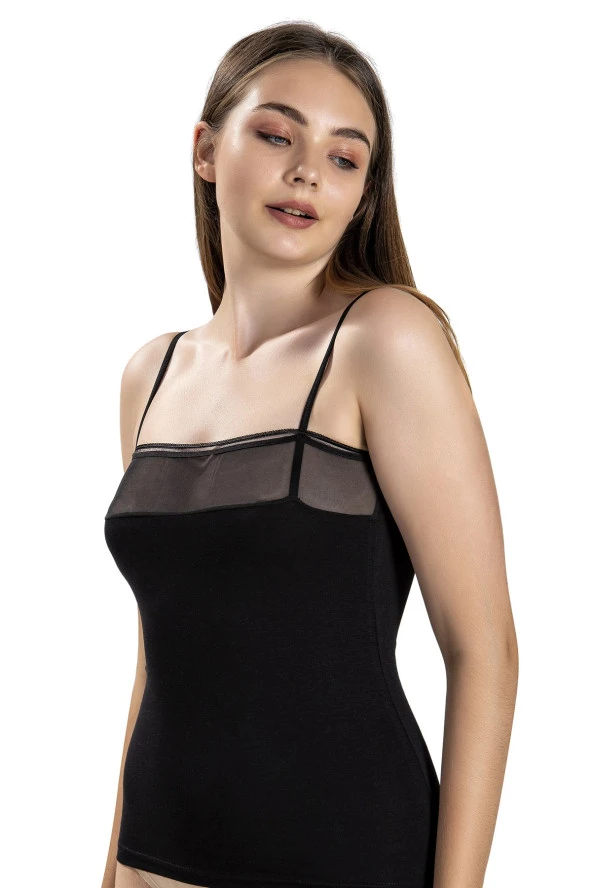 Jiber 520 Kadın Pamuklu Likralı Dantelli İp Askılı Atlet - 2