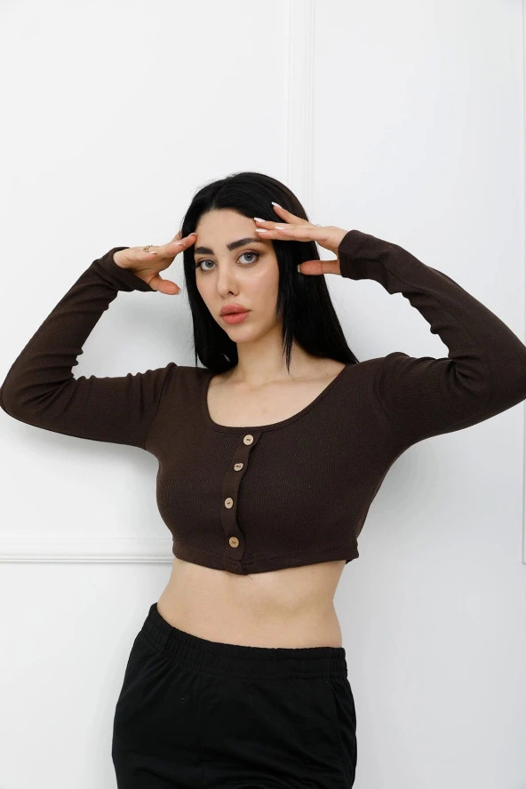 Sahte Düğmeli Mini Crop Bady Kahve - Resim 2