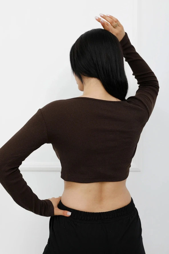 Sahte Düğmeli Mini Crop Bady Kahve - Resim 3