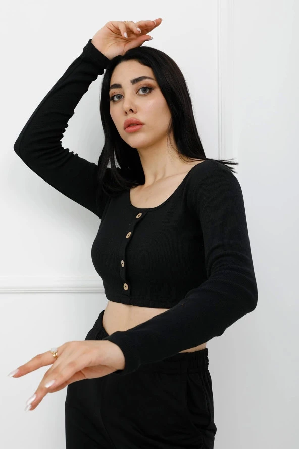 Sahte Düğmeli Mini Crop Bady Siyah