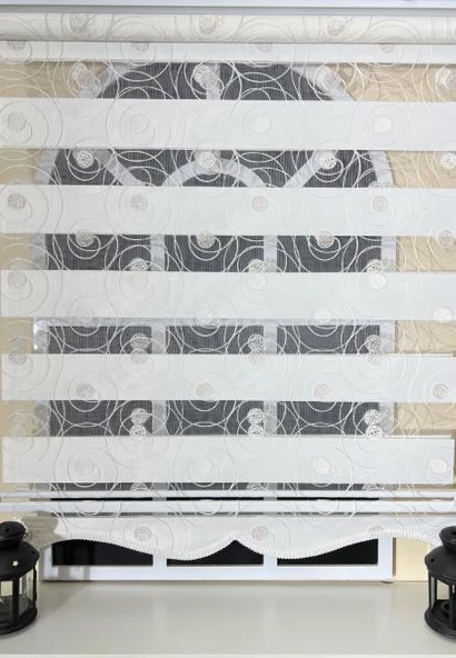 StorBurada Zebra Stor Nakışlı Ekru Etek Dilimli ST 126  Ekru 170 x 200 - Resim 3