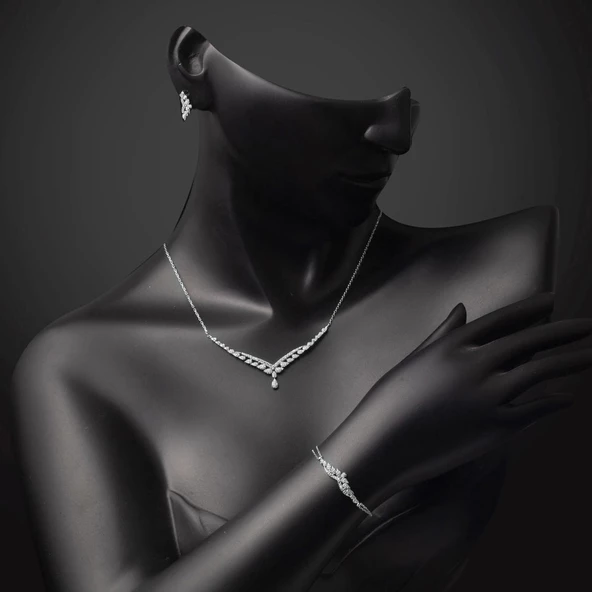 14 Ayar Damla Tasarım Beyaz Altın Nişan Seti - Resim 4