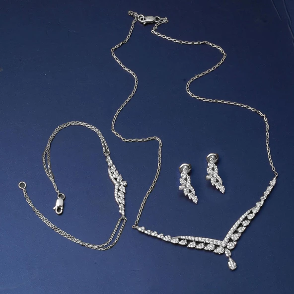 14 Ayar Damla Tasarım Beyaz Altın Nişan Seti - Resim 2