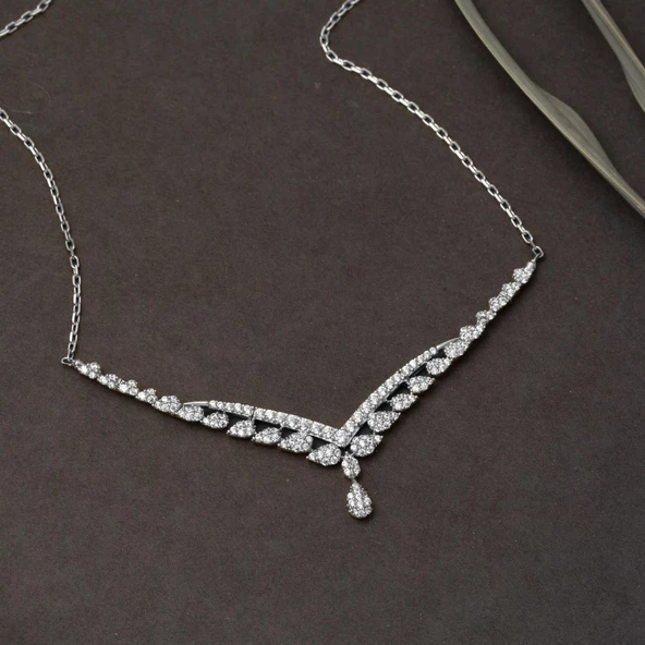 14 Ayar Damla Tasarım Beyaz Altın Nişan Seti - Resim 3