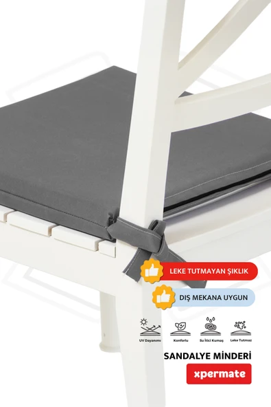 XPERMATE 4'lü Sandalye Minderi Su İtici Kumaş 40x40 cm Sünger Sandalye Minderi Bağcıklı Antrasit - 3