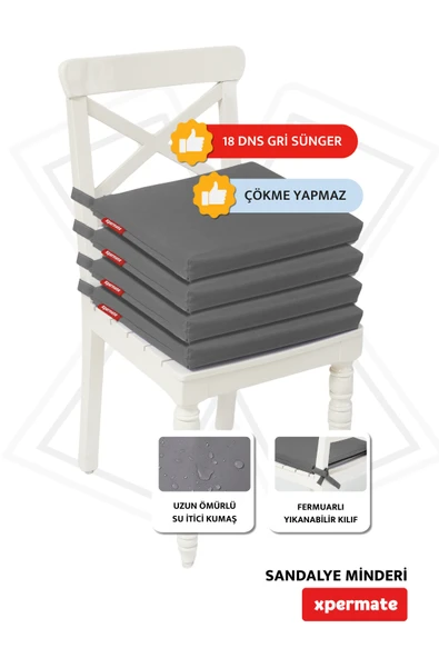 XPERMATE 4'lü Sandalye Minderi Su İtici Kumaş 40x40 cm Sünger Sandalye Minderi Bağcıklı Antrasit - 2