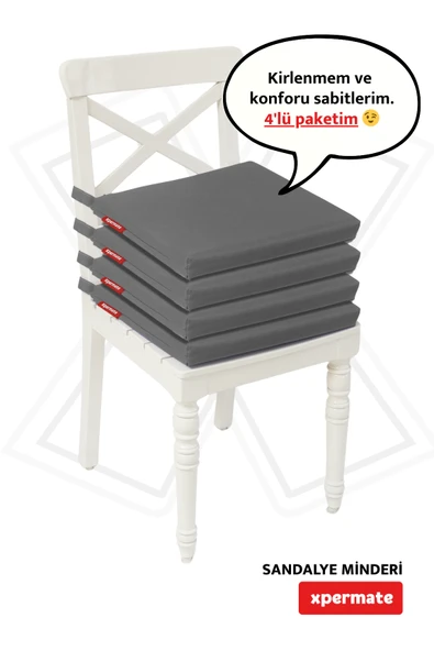 XPERMATE 4'lü Sandalye Minderi Su İtici Kumaş 40x40 cm Sünger Sandalye Minderi Bağcıklı Antrasit ürün görseli