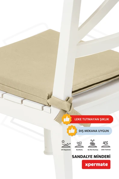 XPERMATE 4'lü Sandalye Minderi Su İtici Kumaş 40x40 cm Sünger Sandalye Minderi Bağcıklı Bej - 3