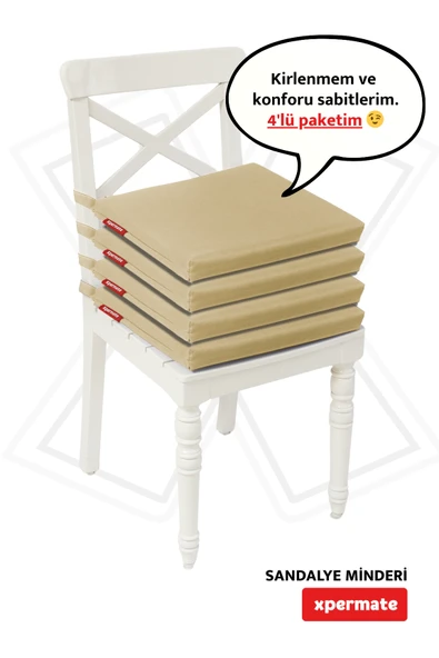 XPERMATE 4'lü Sandalye Minderi Su İtici Kumaş 40x40 cm Sünger Sandalye Minderi Bağcıklı Bej