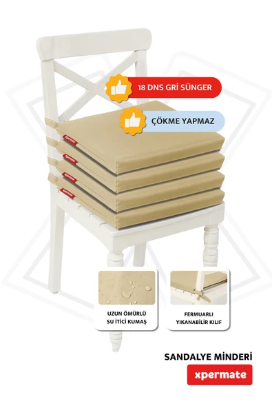 XPERMATE 4'lü Sandalye Minderi Su İtici Kumaş 40x40 cm Sünger Sandalye Minderi Bağcıklı Bej - 2