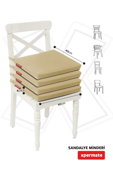 XPERMATE 4'lü Sandalye Minderi Su İtici Kumaş 40x40 cm Sünger Sandalye Minderi Bağcıklı Bej - 4