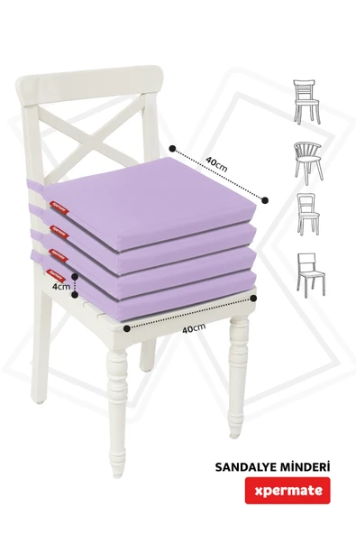 XPERMATE 4'lü Sandalye Minderi Su İtici Kumaş 40x40 cm Sünger Sandalye Minderi Bağcıklı Lila - 4