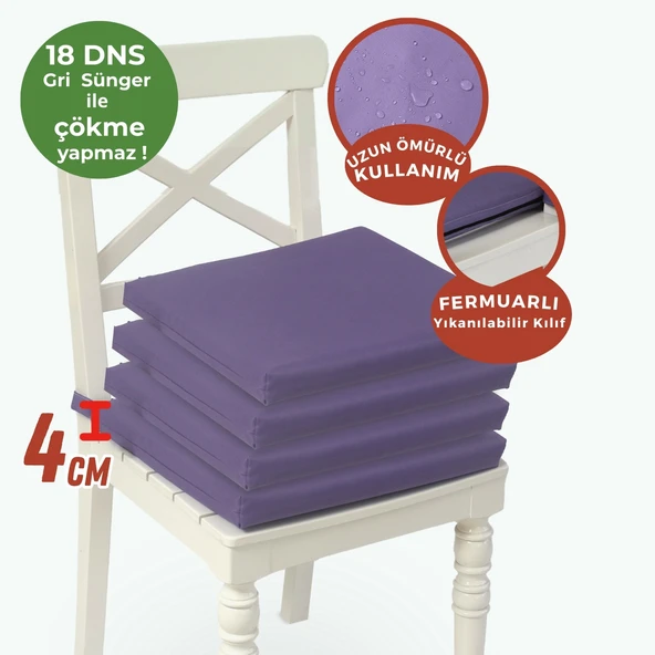 XPERMATE 4'lü Sandalye Minderi Su İtici Kumaş 40x40 cm Sünger Sandalye Minderi Bağcıklı Mor - 4