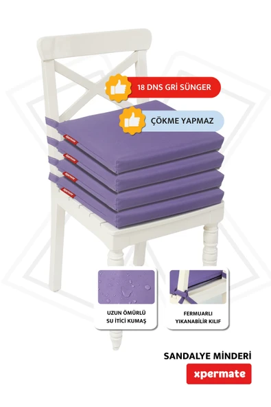 XPERMATE 4'lü Sandalye Minderi Su İtici Kumaş 40x40 cm Sünger Sandalye Minderi Bağcıklı Mor - 2