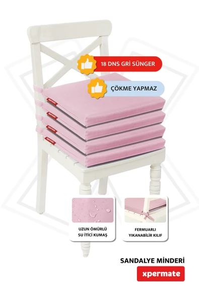 XPERMATE 4'lü Sandalye Minderi Su İtici Kumaş 40x40 cm Sünger Sandalye Minderi Bağcıklı Pembe - 2