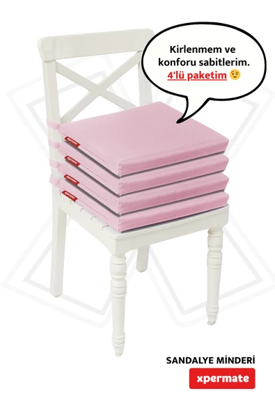 XPERMATE 4'lü Sandalye Minderi Su İtici Kumaş 40x40 cm Sünger Sandalye Minderi Bağcıklı Pembe