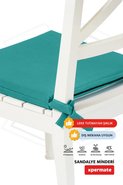 XPERMATE 4'lü Sandalye Minderi Su İtici Kumaş 40x40 cm Sünger Sandalye Minderi Bağcıklı Turkuaz - 3