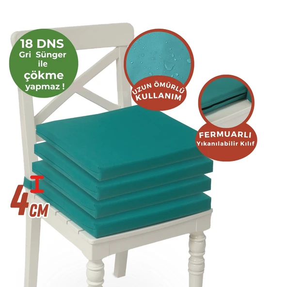 XPERMATE 4'lü Sandalye Minderi Su İtici Kumaş 40x40 cm Sünger Sandalye Minderi Bağcıklı Turkuaz - 3