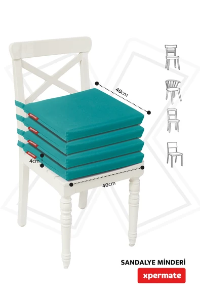 XPERMATE 4'lü Sandalye Minderi Su İtici Kumaş 40x40 cm Sünger Sandalye Minderi Bağcıklı Turkuaz - 4