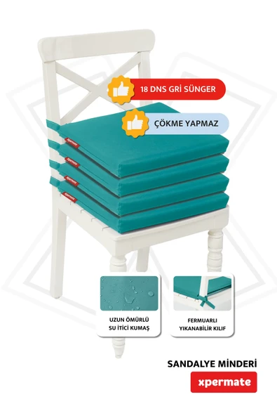 XPERMATE 4'lü Sandalye Minderi Su İtici Kumaş 40x40 cm Sünger Sandalye Minderi Bağcıklı Turkuaz - 2