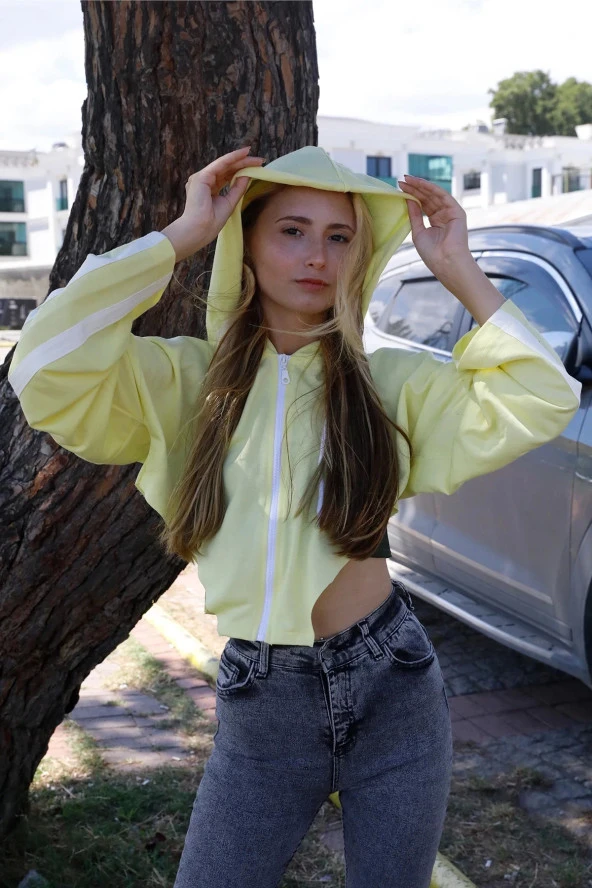 Kapşonlu Yan Dekolteli Sweatshirt Sarı - 2