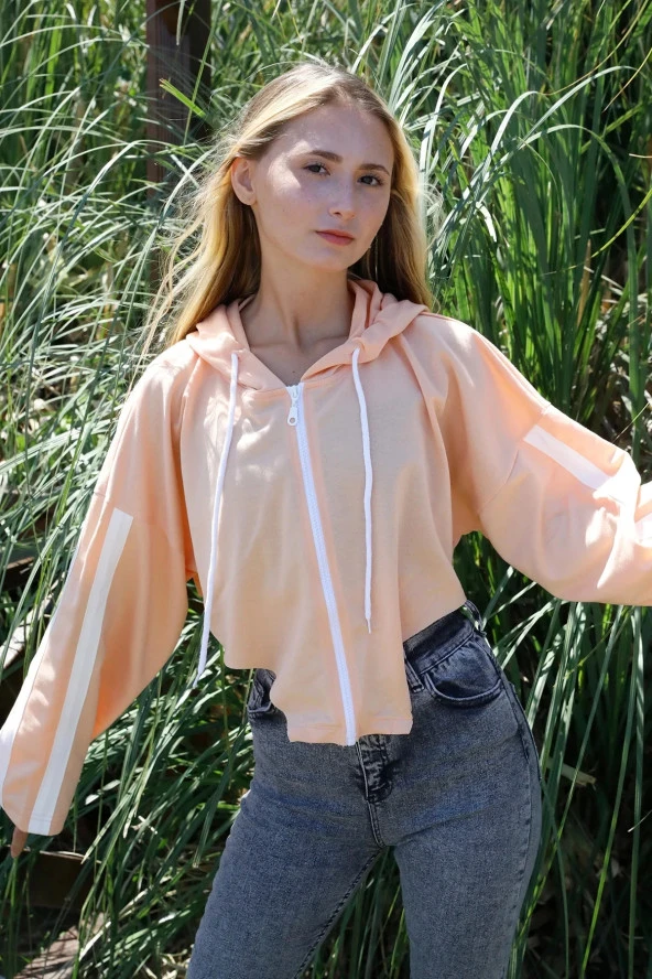 Kapşonlu Yan Dekolteli Sweatshirt Somon - 2