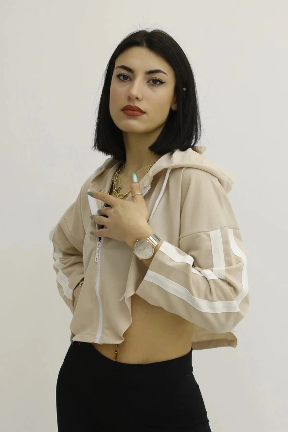 Kapşonlu Yan Dekolteli Sweatshirt Taş - 2