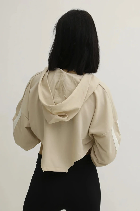 Kapşonlu Yan Dekolteli Sweatshirt Taş - 4