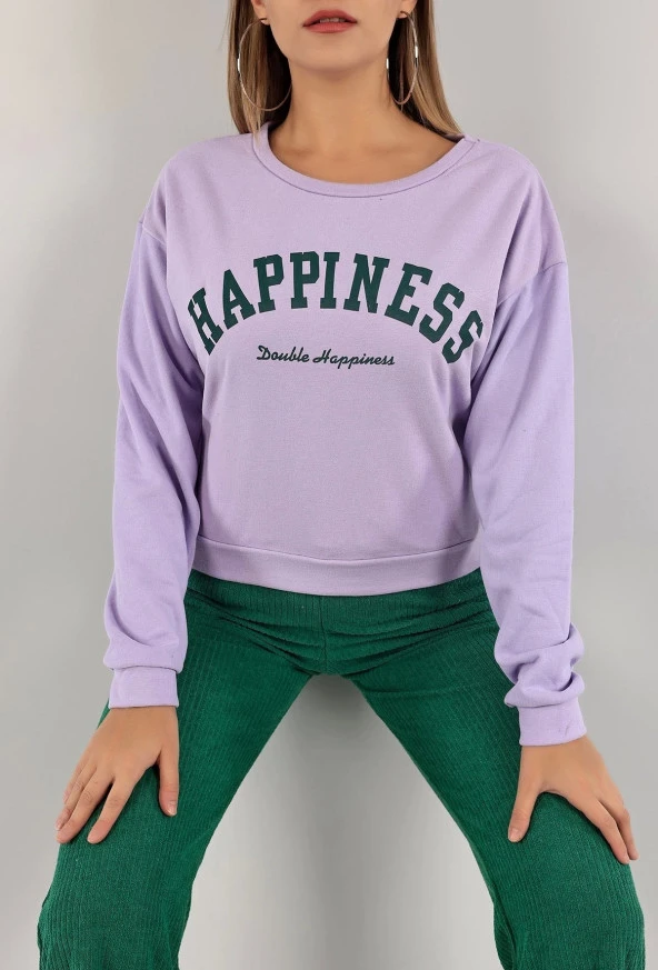 Baskılı Crop Sweatshirt Lila