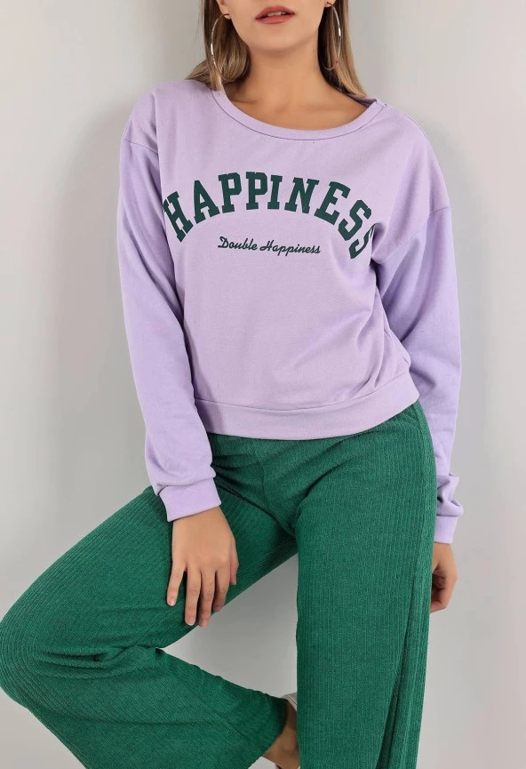 Baskılı Crop Sweatshirt Lila - 2